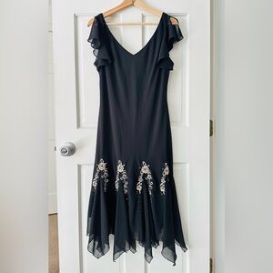 Vintage SL Fashions Black Embroidered Beaded Midi Dress Whimsigoth Fairy Size 12